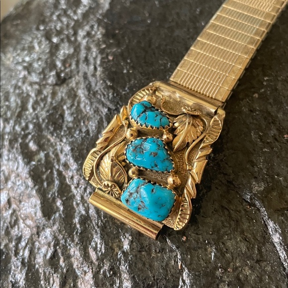 Gold 14K Native American Turquoise Vintage Watch Tips signed Walley - Picture 10 of 15